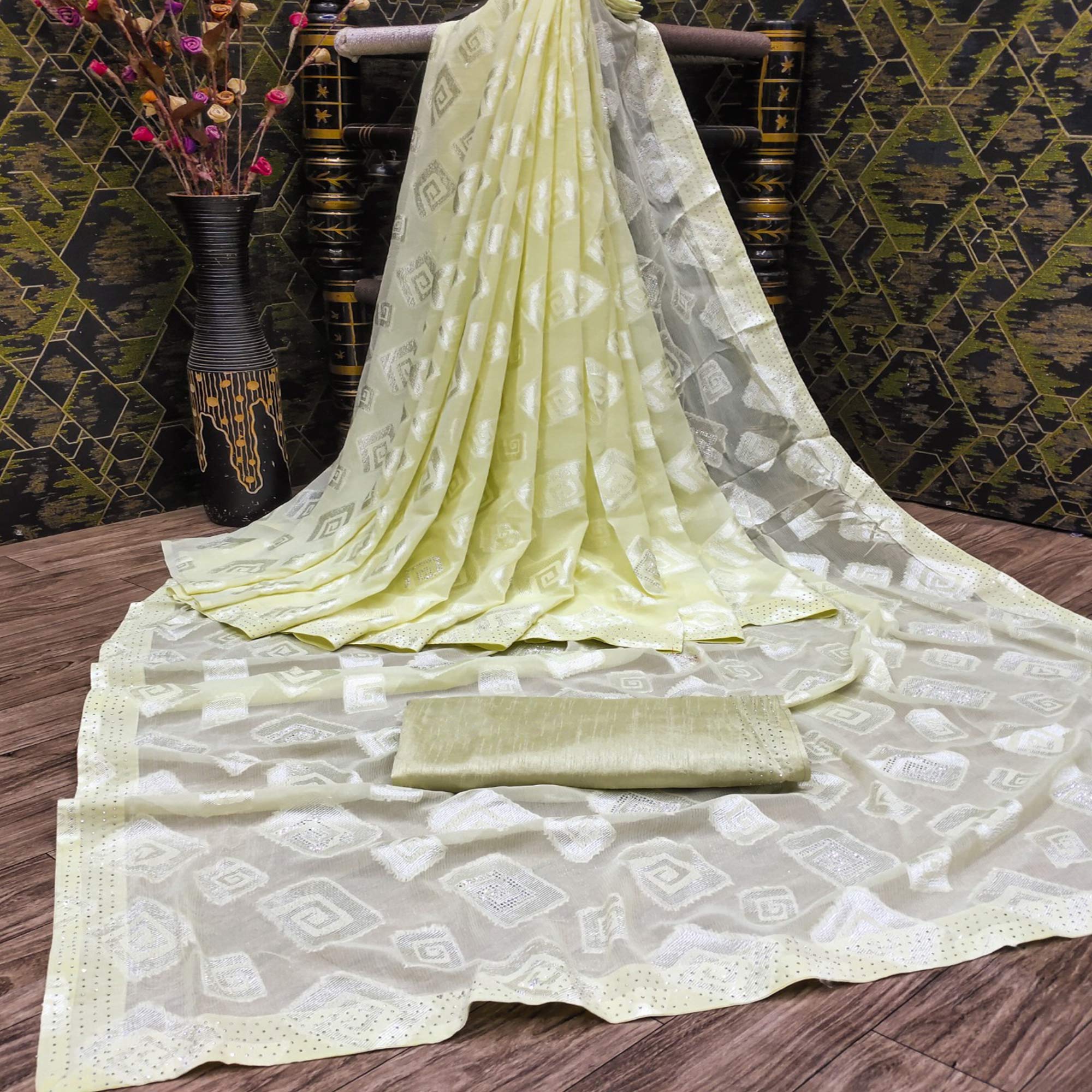 Pista Green Floral Swarovski With Woven Jacquard Saree