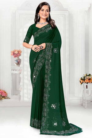 Green Floral Swarovski With Mirror Work Georgette Saree