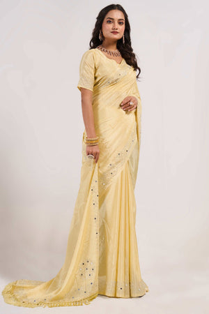 Light Yellow Swarovski With Mirror Work Chinon Saree