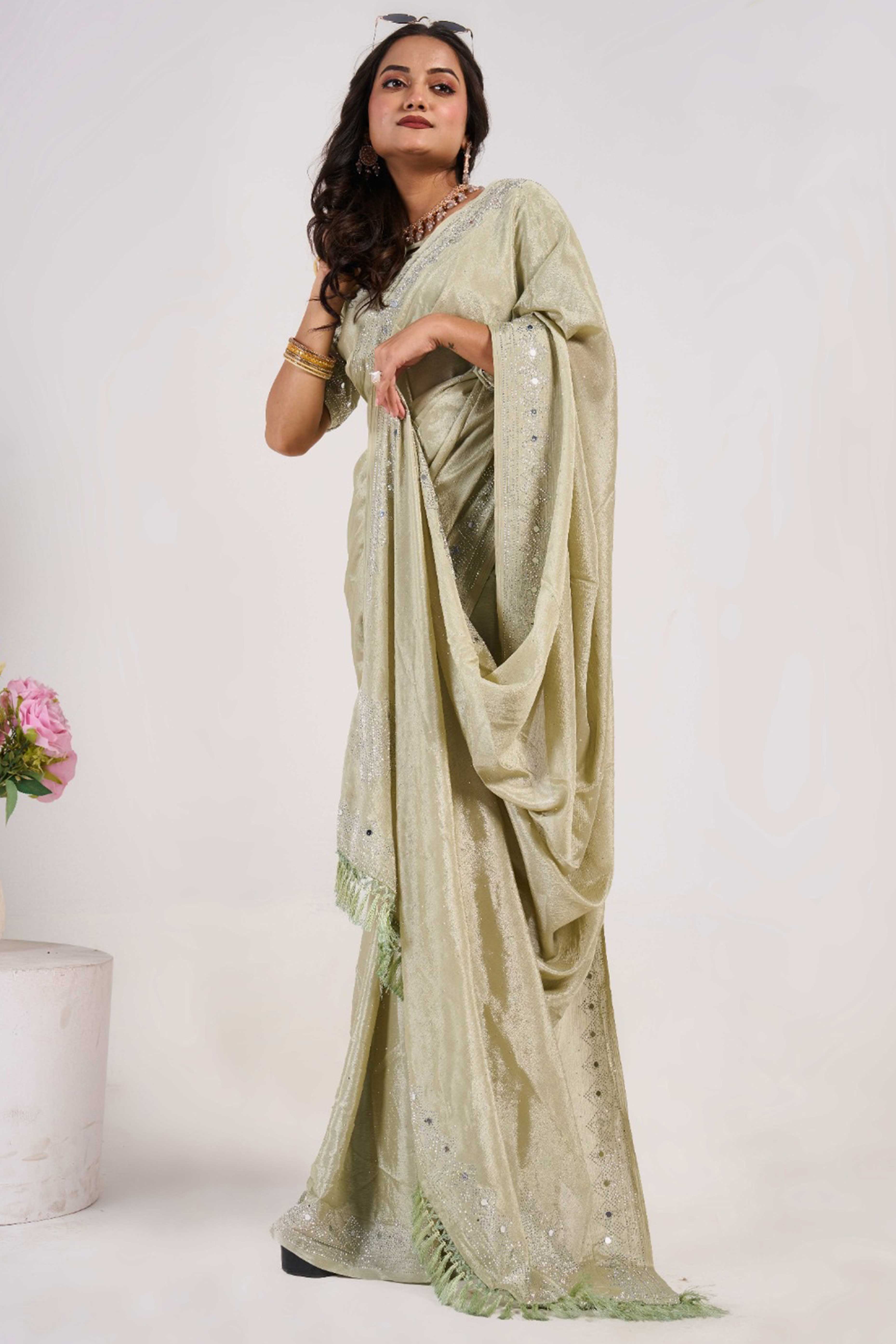 Pista Green Swarovski With Mirror Work Chinon Saree
