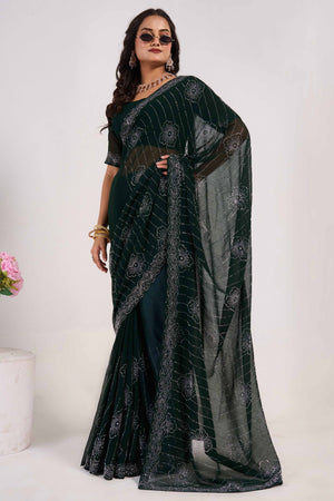 Dark Green Swarovski Work Georgette Saree