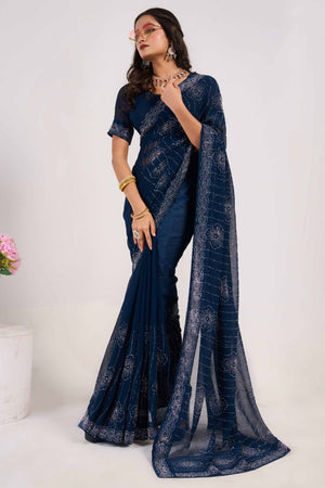 Blue Swarovski Work Georgette Saree