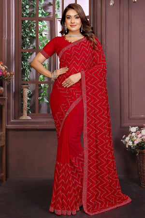 Glamorous Red Zig Zag Design Swarovski Crystal Work Georgette Saree