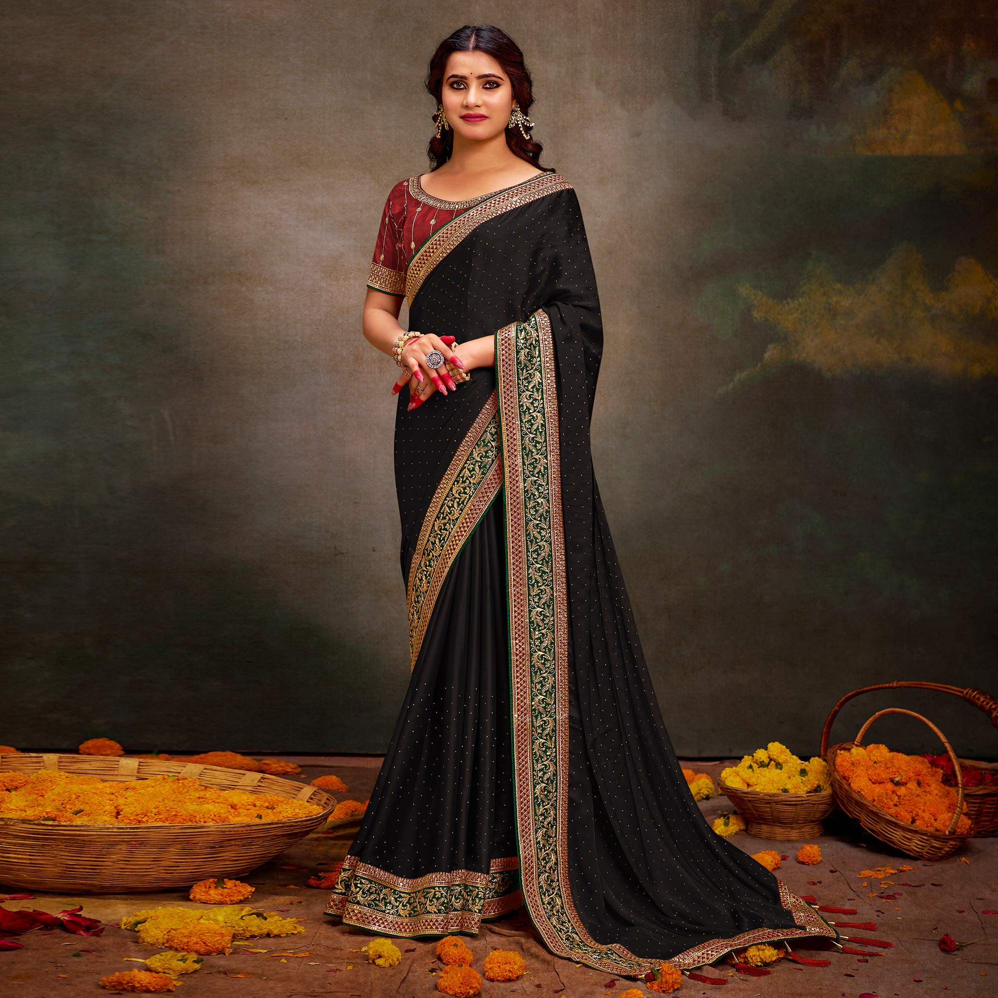 Black Swarovski Work Satin Saree With Tassels