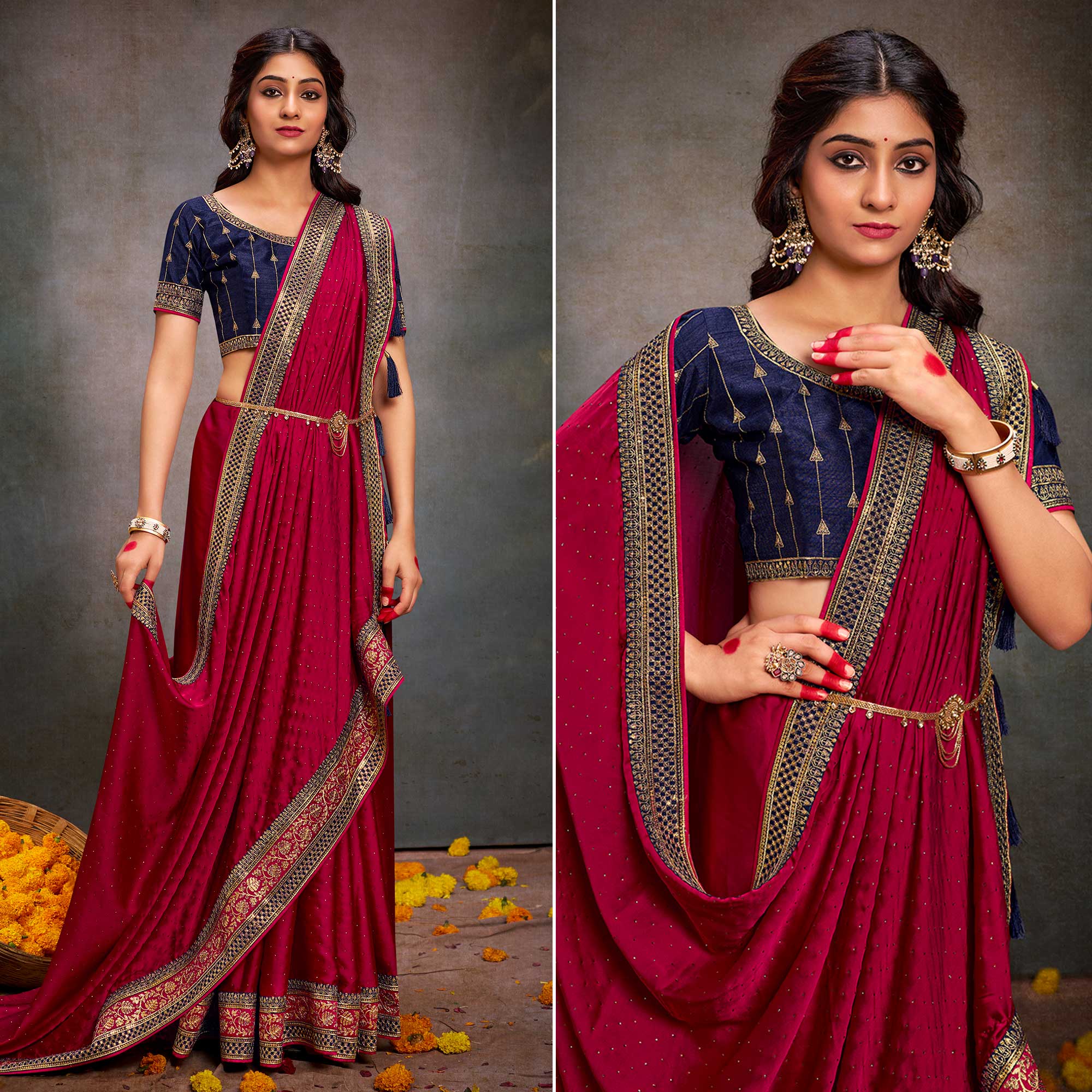 Magenta Swarovski Work Satin Saree With Tassels