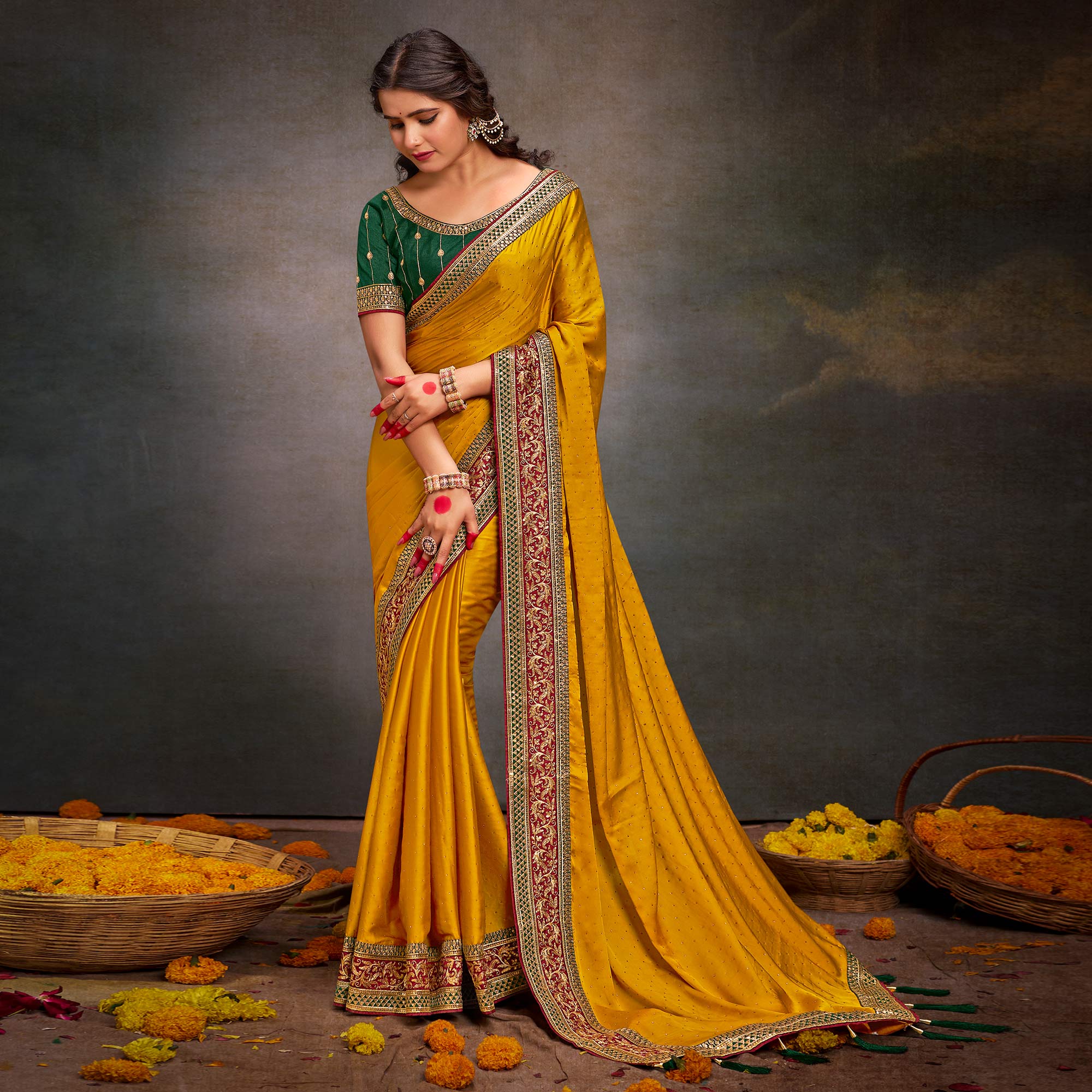 Mustard Swarovski Work Satin Saree With Tassels