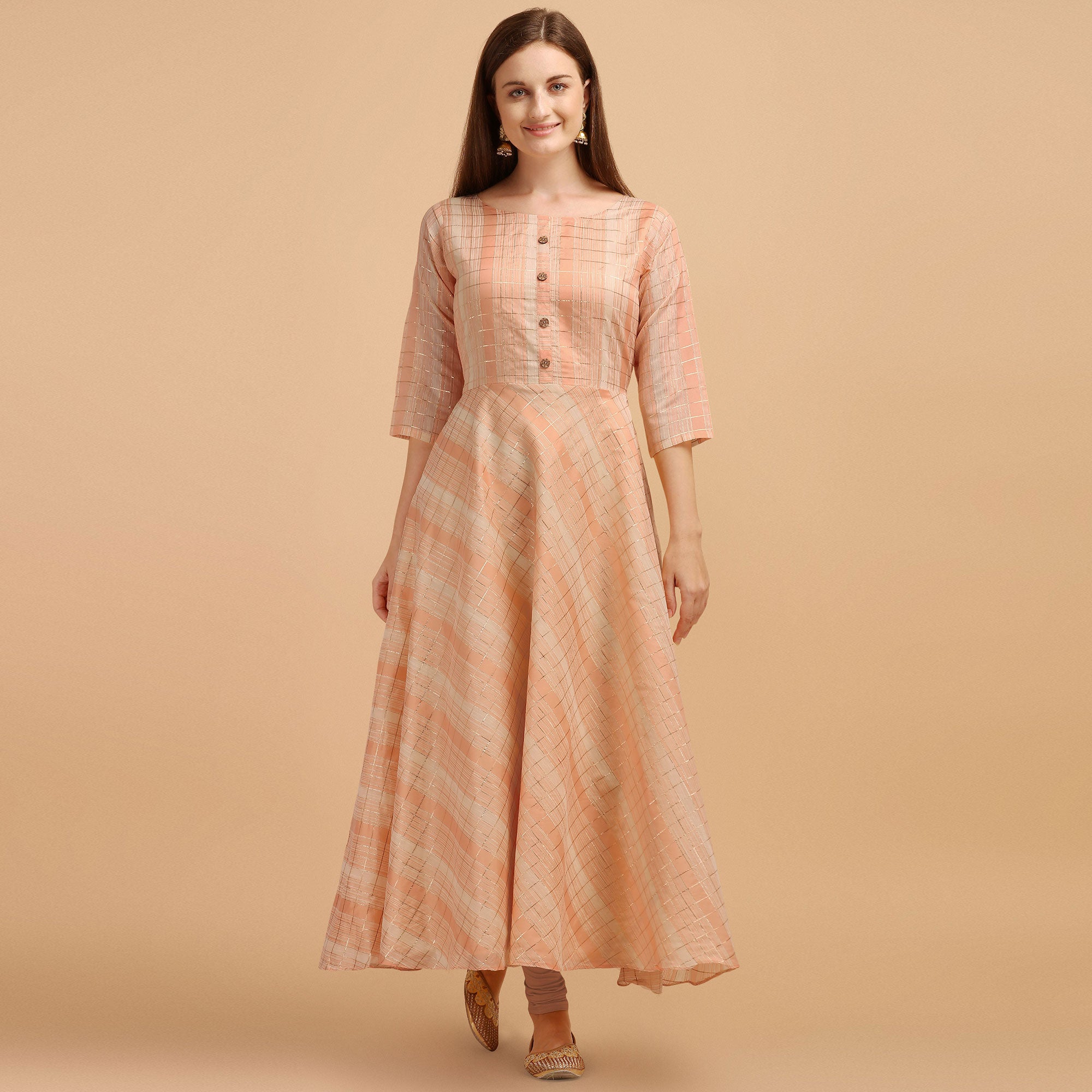 Peach Printed Chanderi Maxi Dress