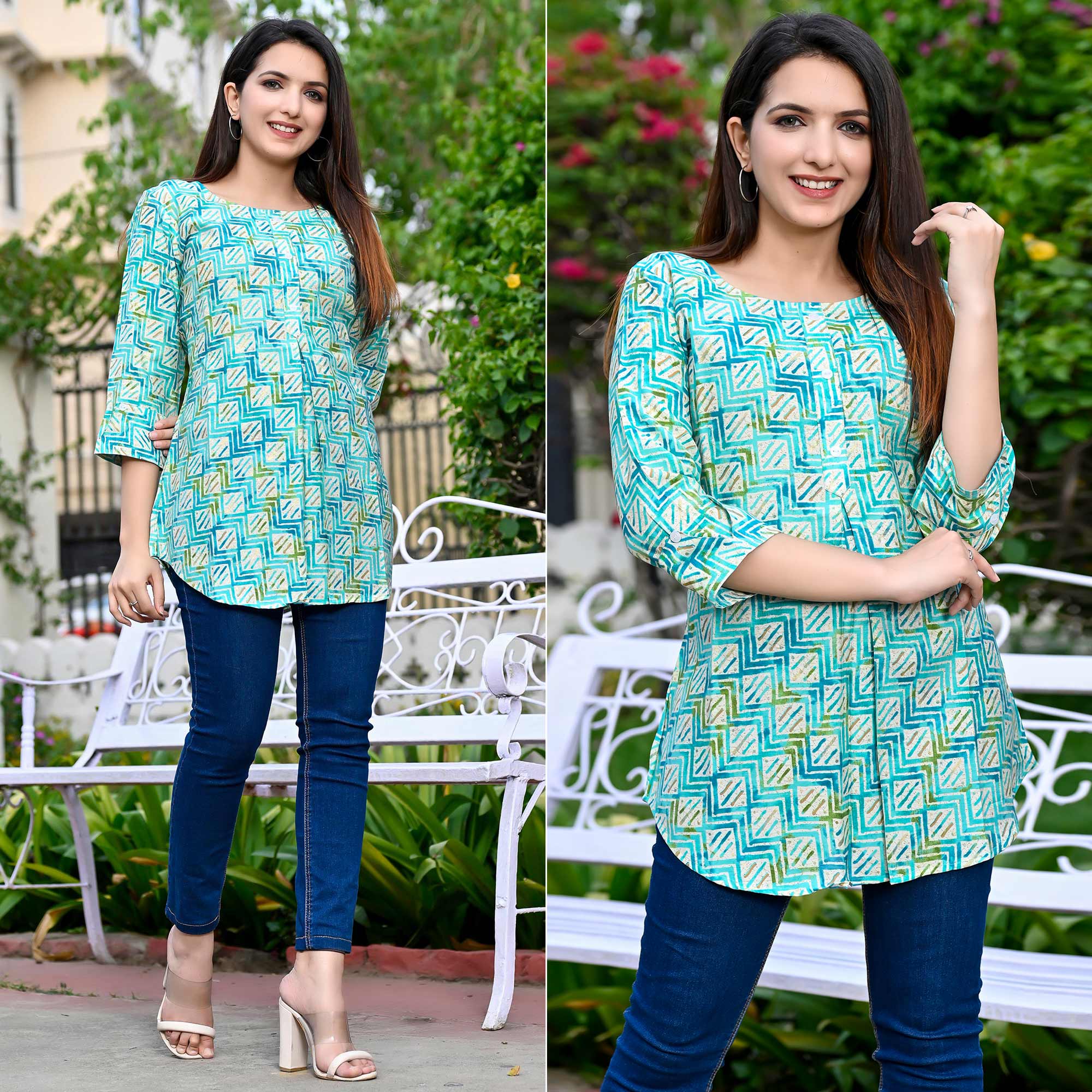 Aqua Blue Printed Chanderi Top