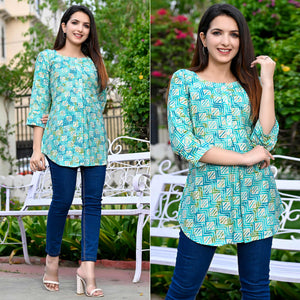 Aqua Blue Printed Chanderi Top