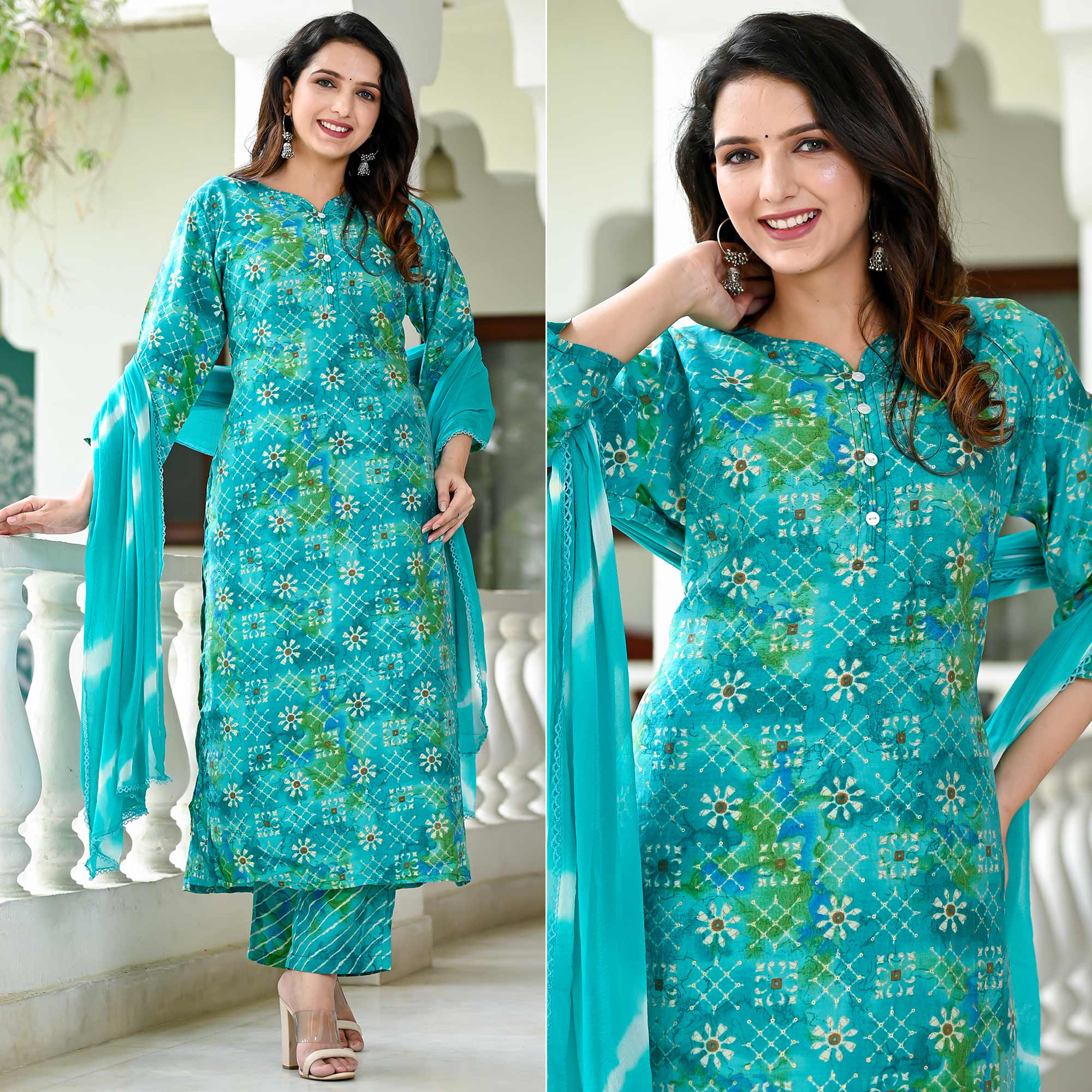 Turquoise Floral Printed Chanderi Suit