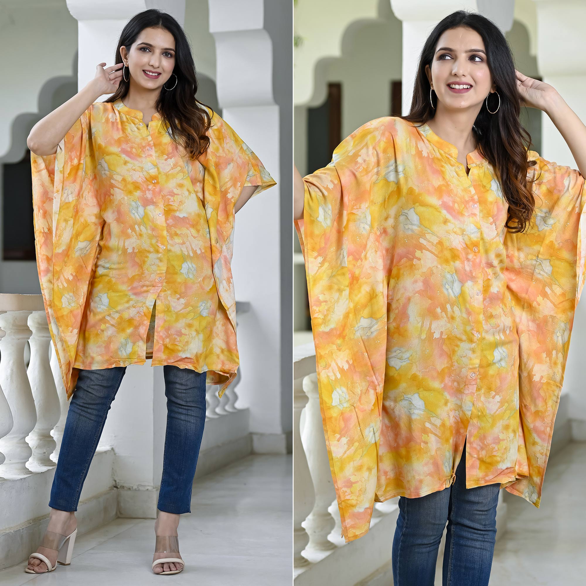 Yellow Foil Printed Rayon Kaftan