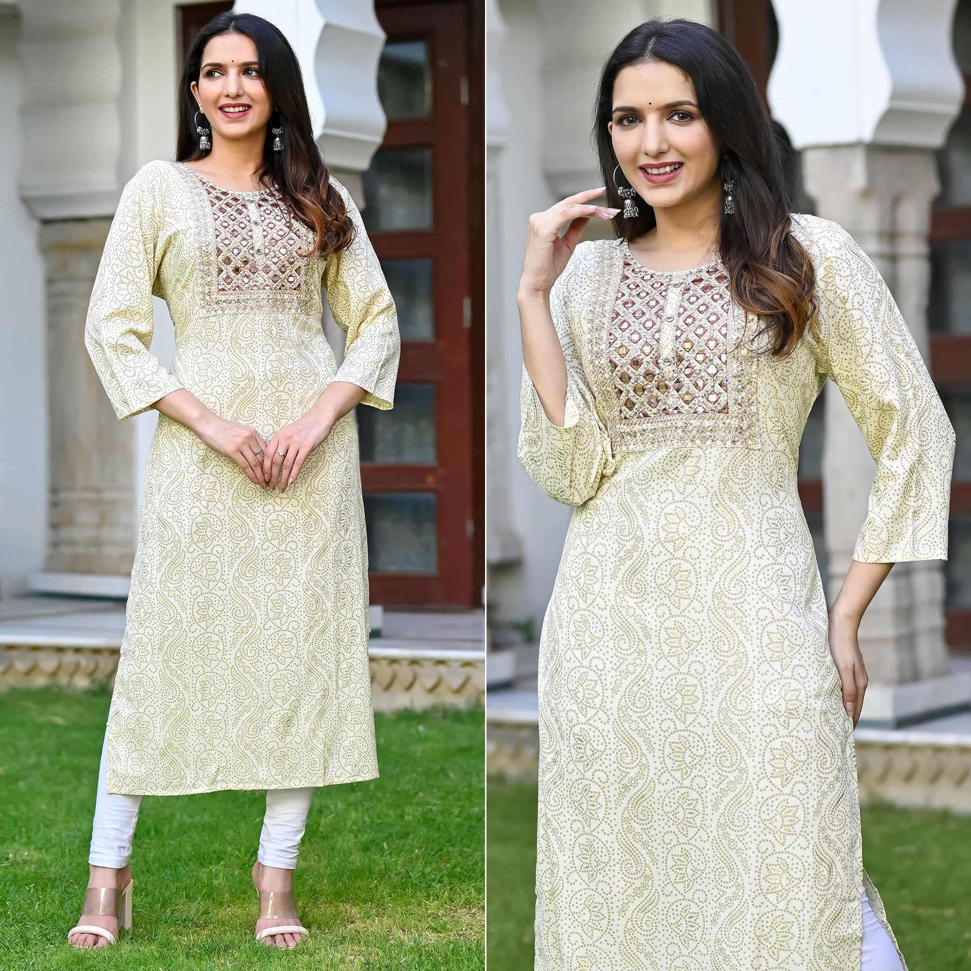Offwhite Floral Foil Printed Rayon Kurti