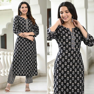 Black Floral Printed Rayon Kurti Pant Set