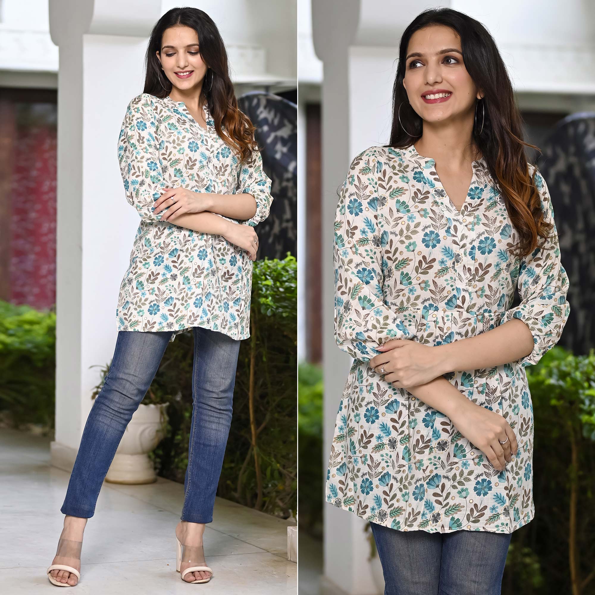 Aqua Blue Floral Printed Rayon Top