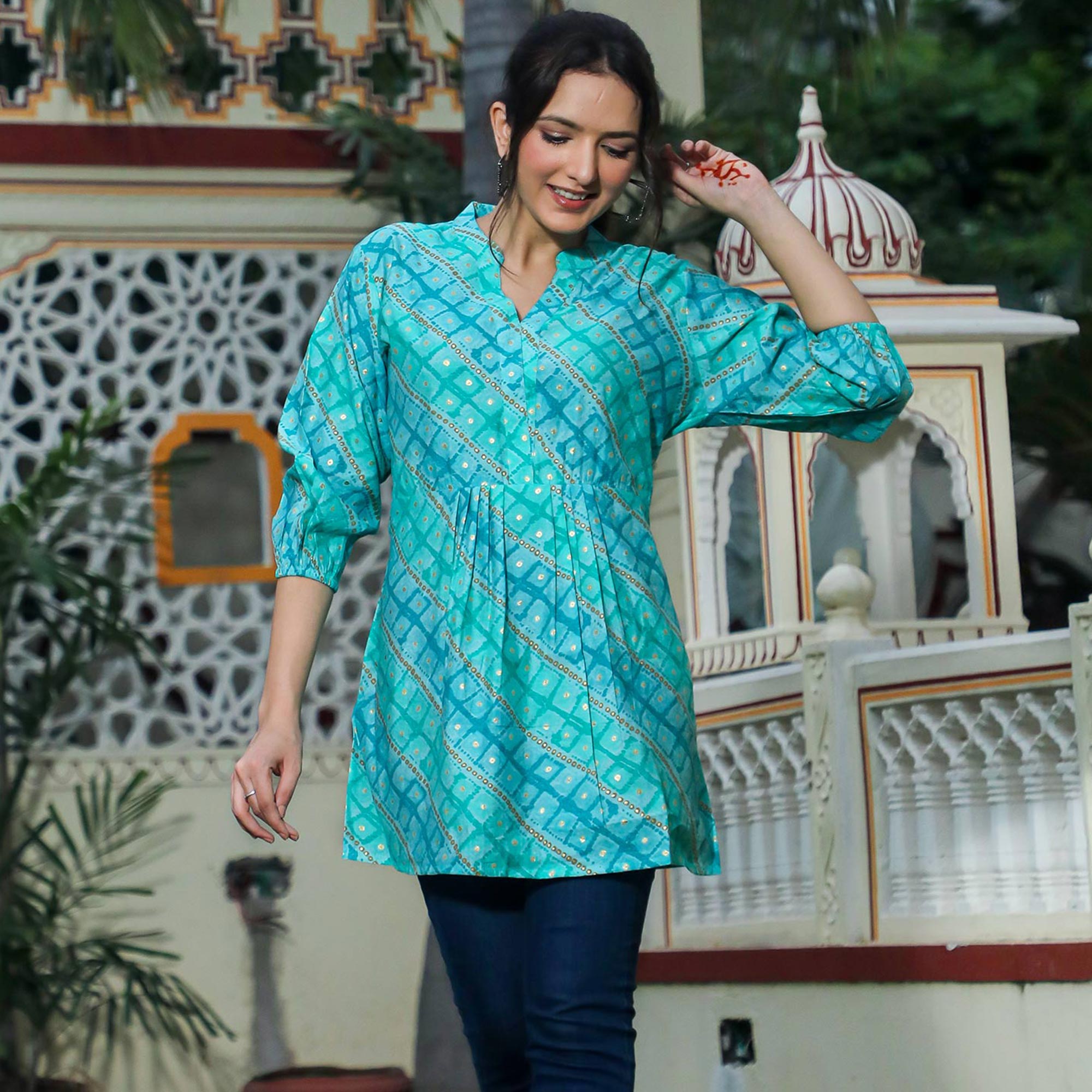 Blue Foil Printed Modal Top