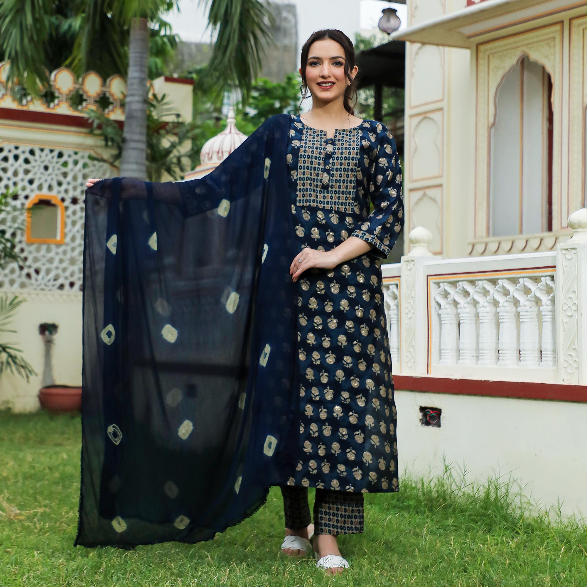 Blue Floral Foil Printed Modal Suit