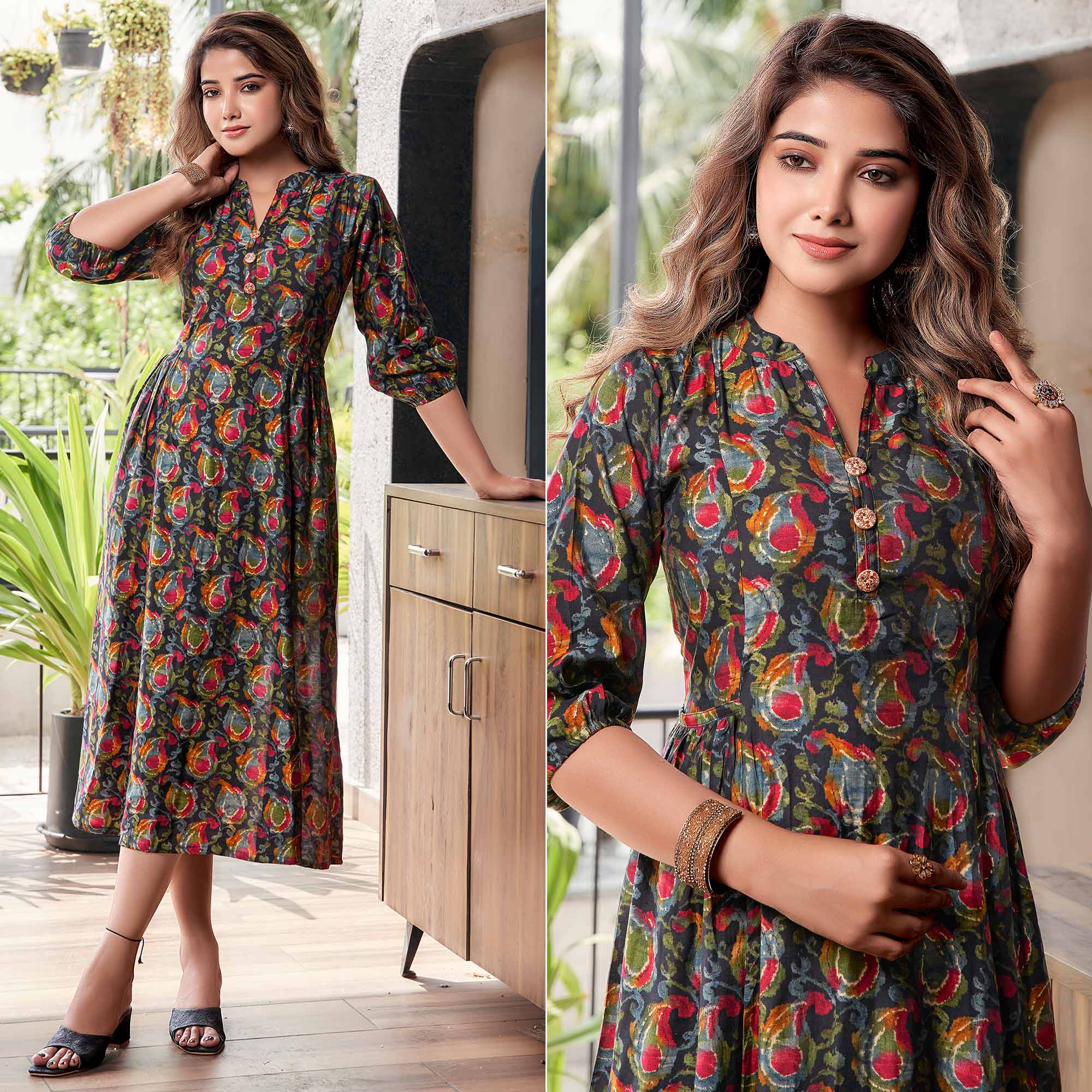 Black Paisley Printed Chanderi A-Line Dress