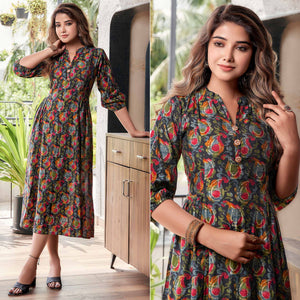 Black Paisley Printed Chanderi A-Line Dress