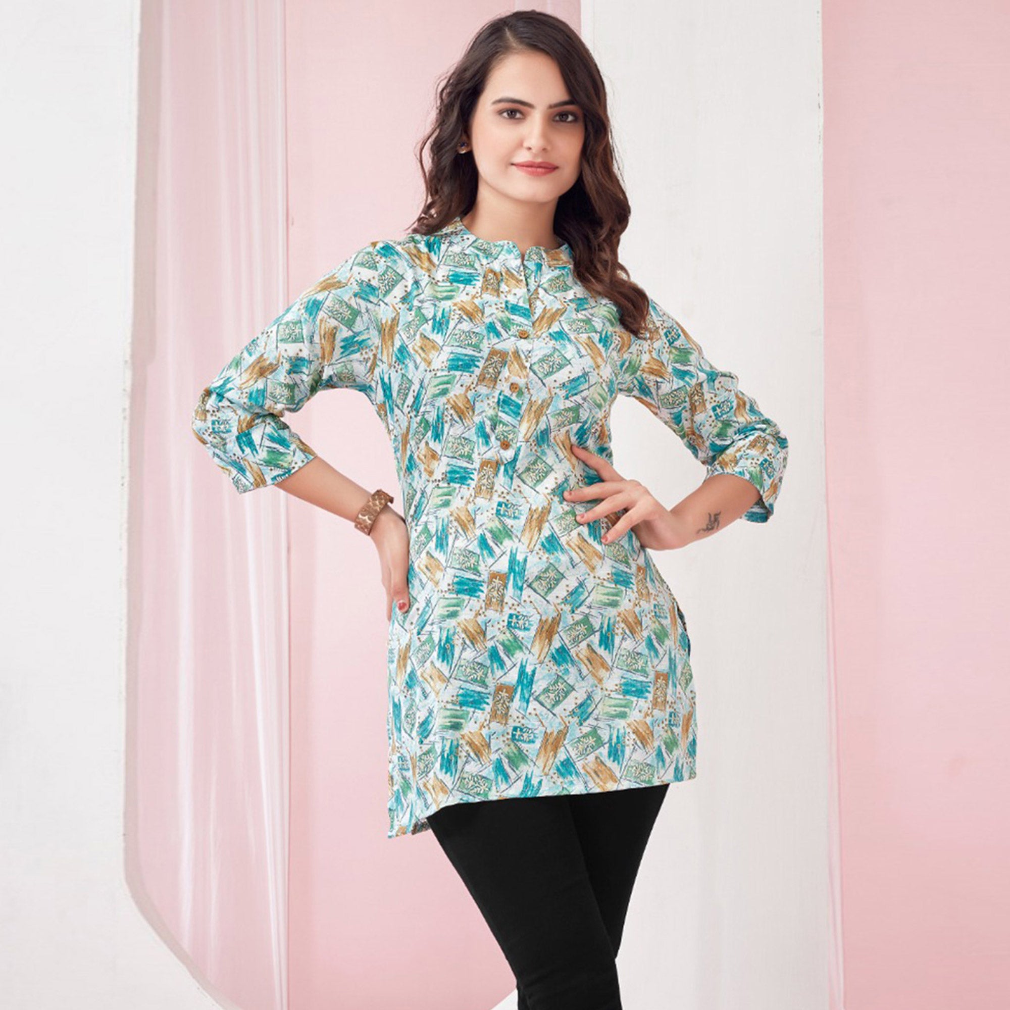 Green Foil Printed Rayon Top