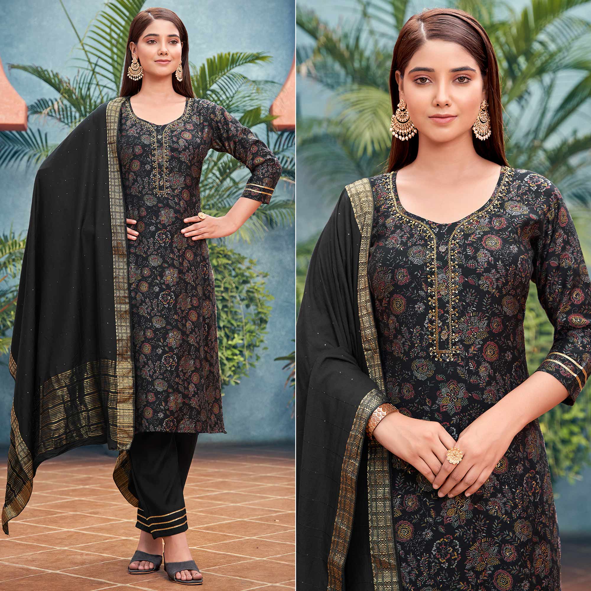 Black Straight Chanderi Silk Suit With Handcrafted & Foil Print