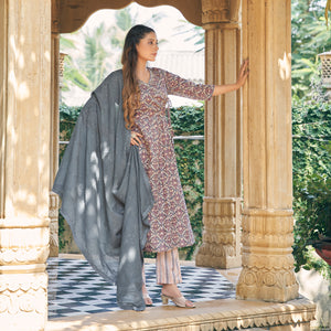 Grey Angrakha Pure Cotton Suit with Foil Print & Zardozi Handcrafted Neckline