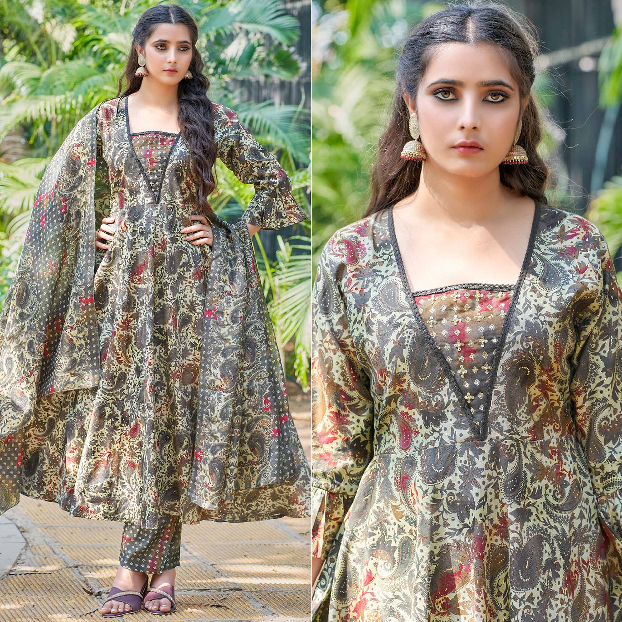Grey Anarkali Chanderi Silk Suit With Hancrafted & Foil Print