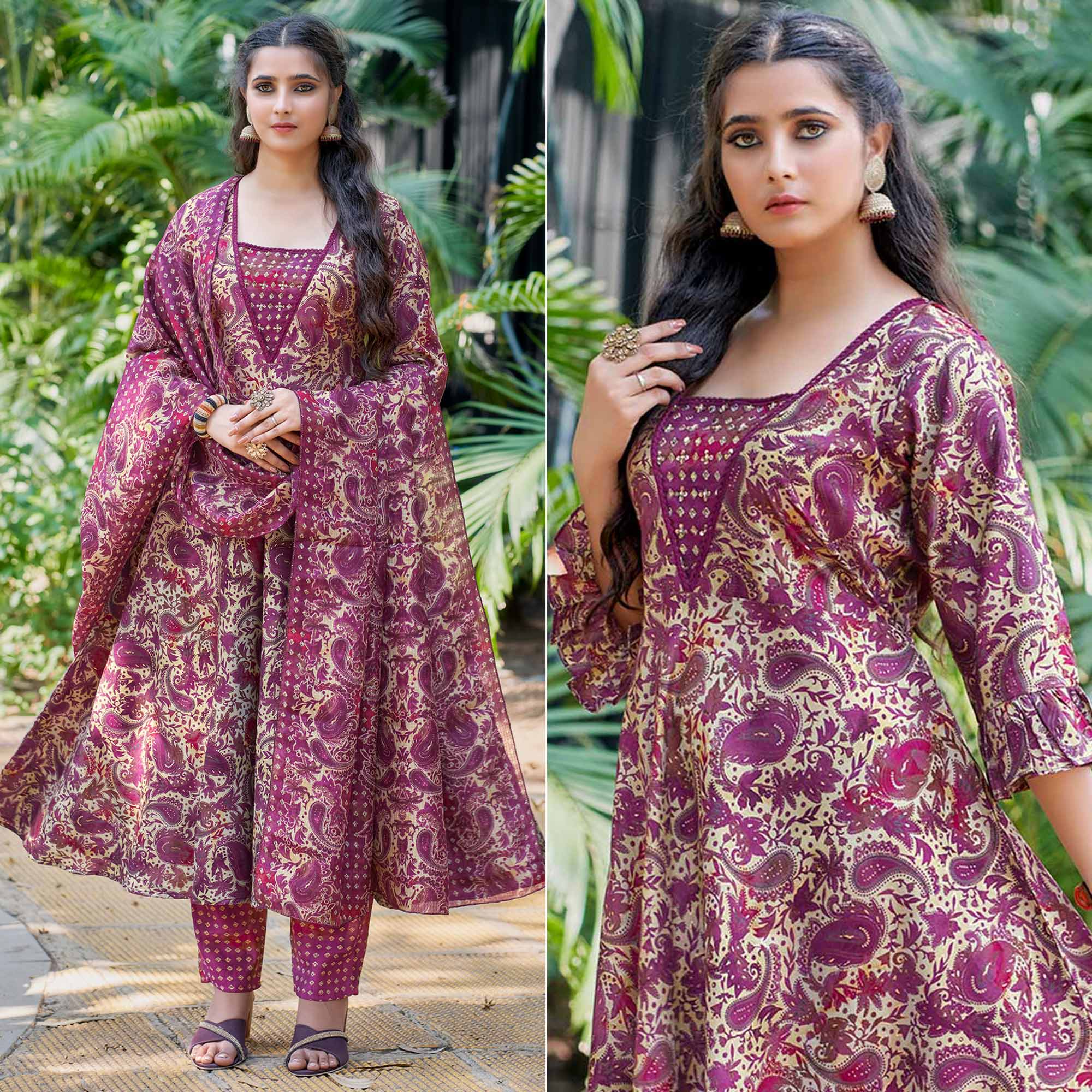 Wine Anarkali Chanderi Silk Suit With Hancrafted & Foil Print