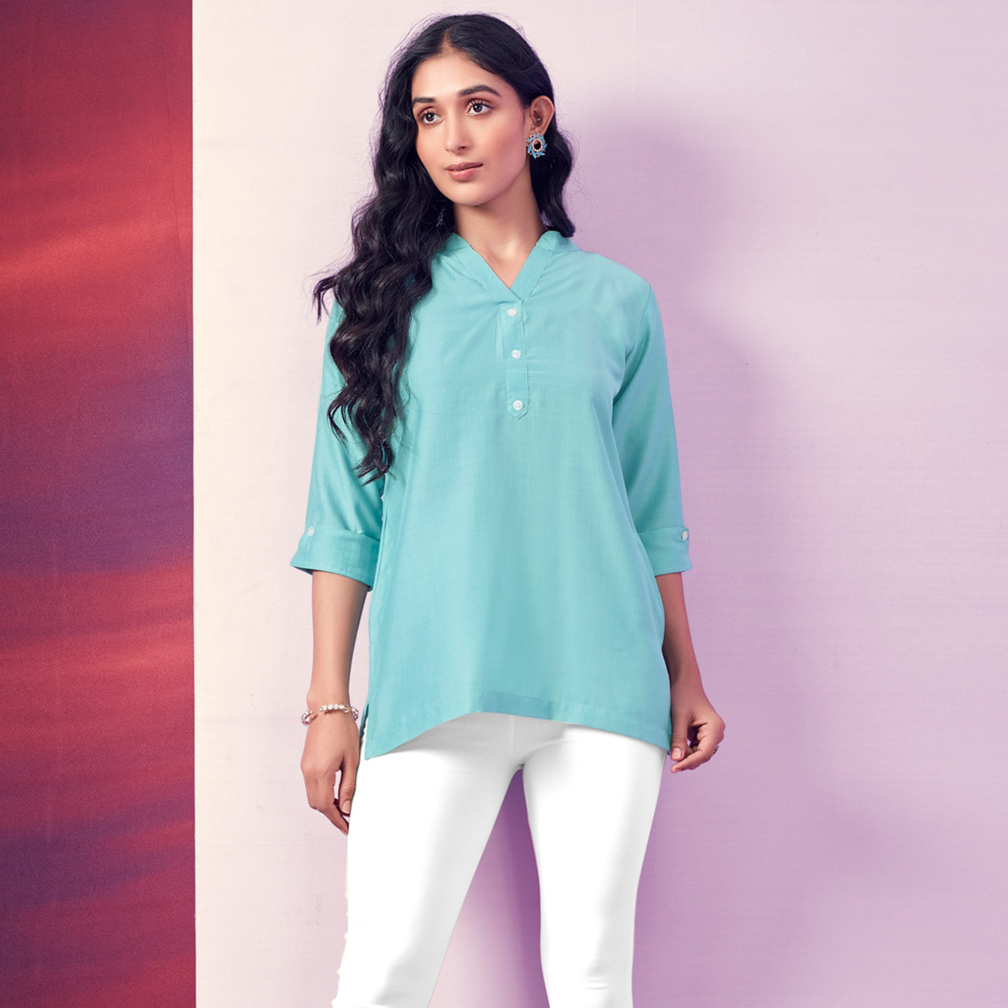 Blue Solid Cotton Blend Top