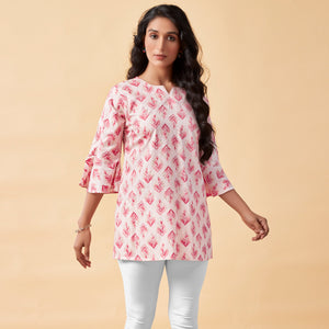 White & Pink Floral Foil Printed Rayon Top