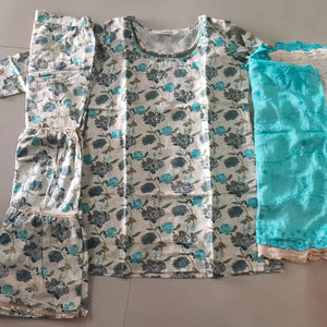Off White & Turquoise Floral Foil Printed Mulmul Cotton Sharara Suit