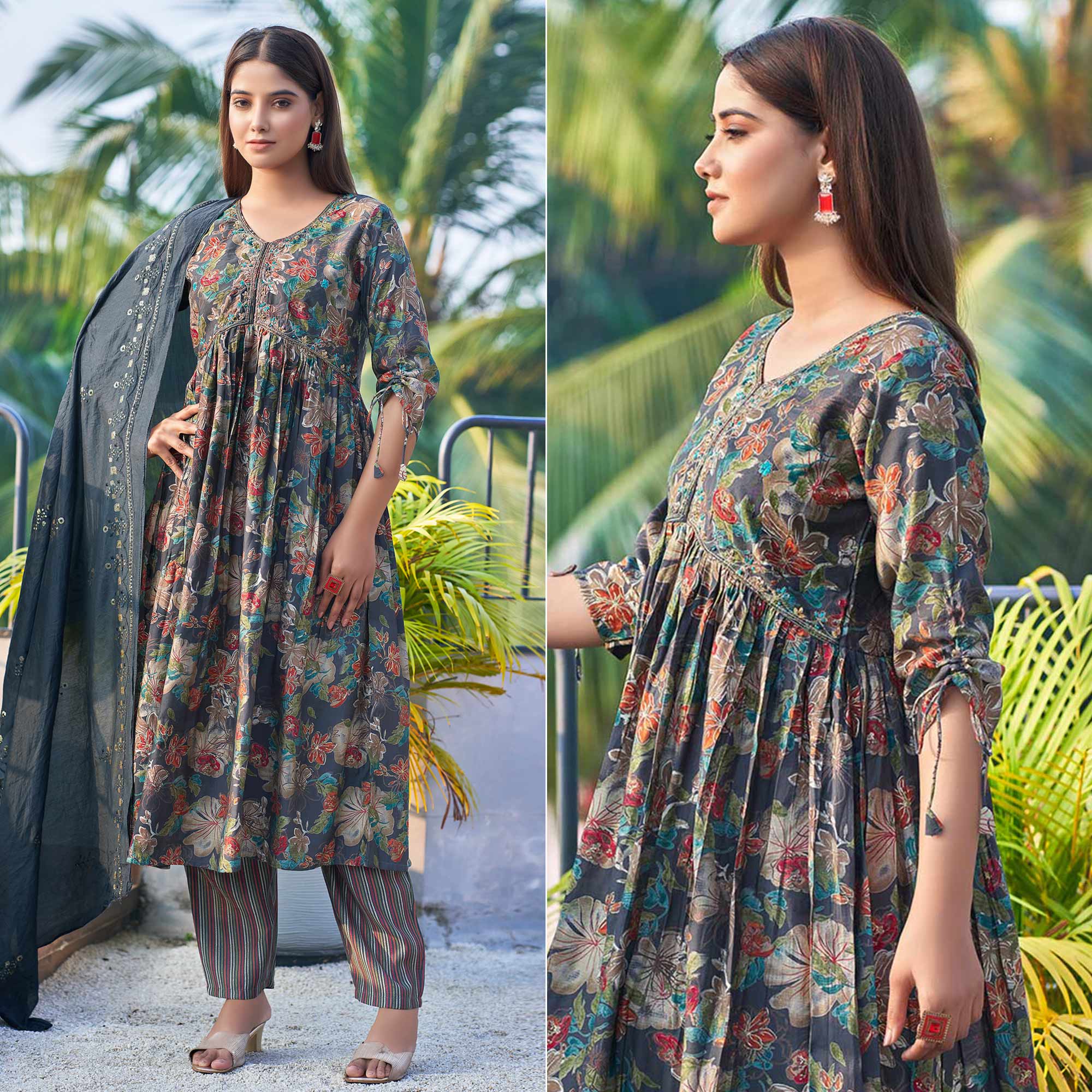 Blue Chanderi Silk Alia Cut Suit with Zardosi Handcraft & Foil Print