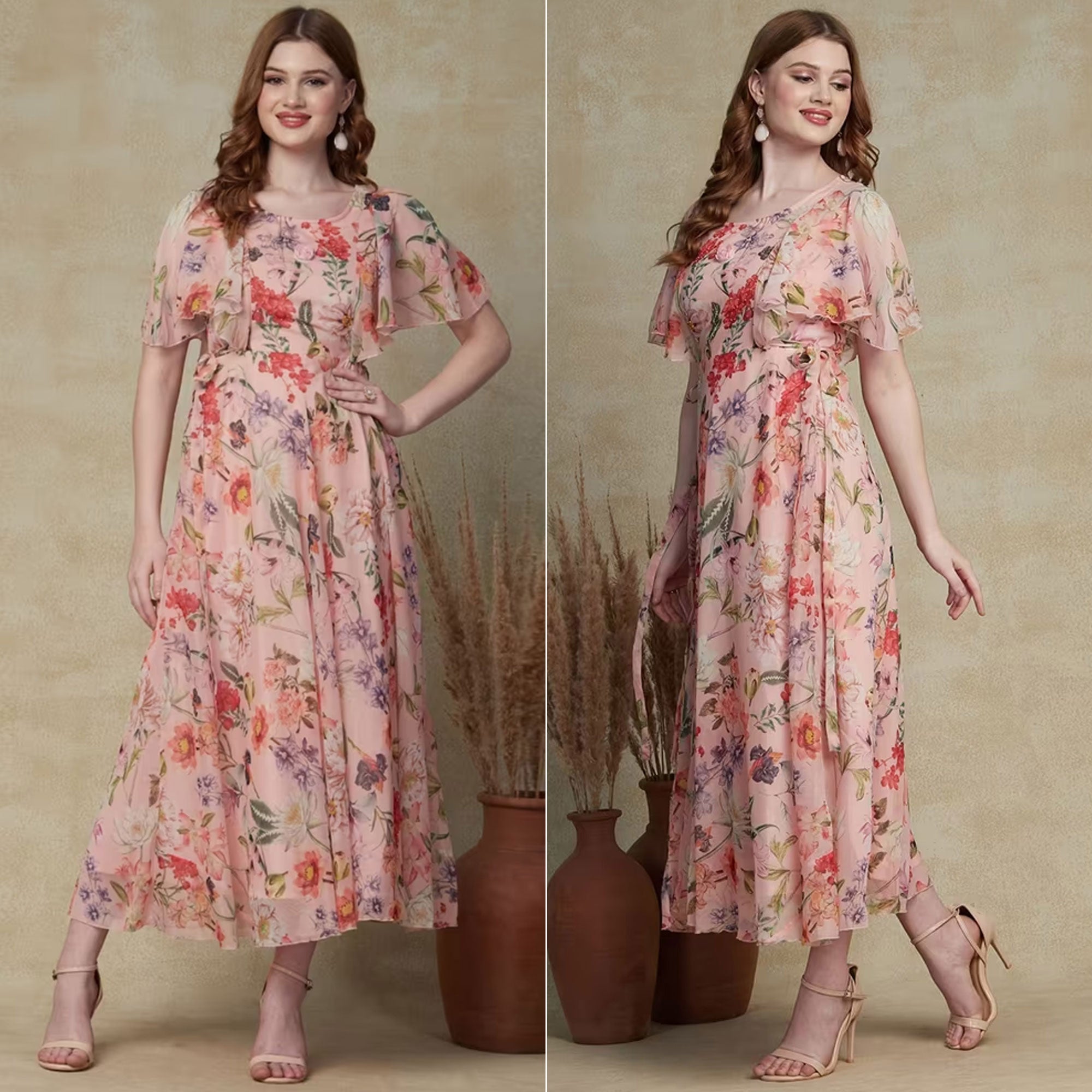 Peach Floral Printed A-Line Chiffon Dress
