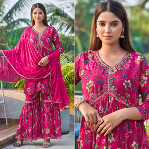 Pink Chinon Floral Printed Alia Cut Sharara Suit With Beads Handcraft
