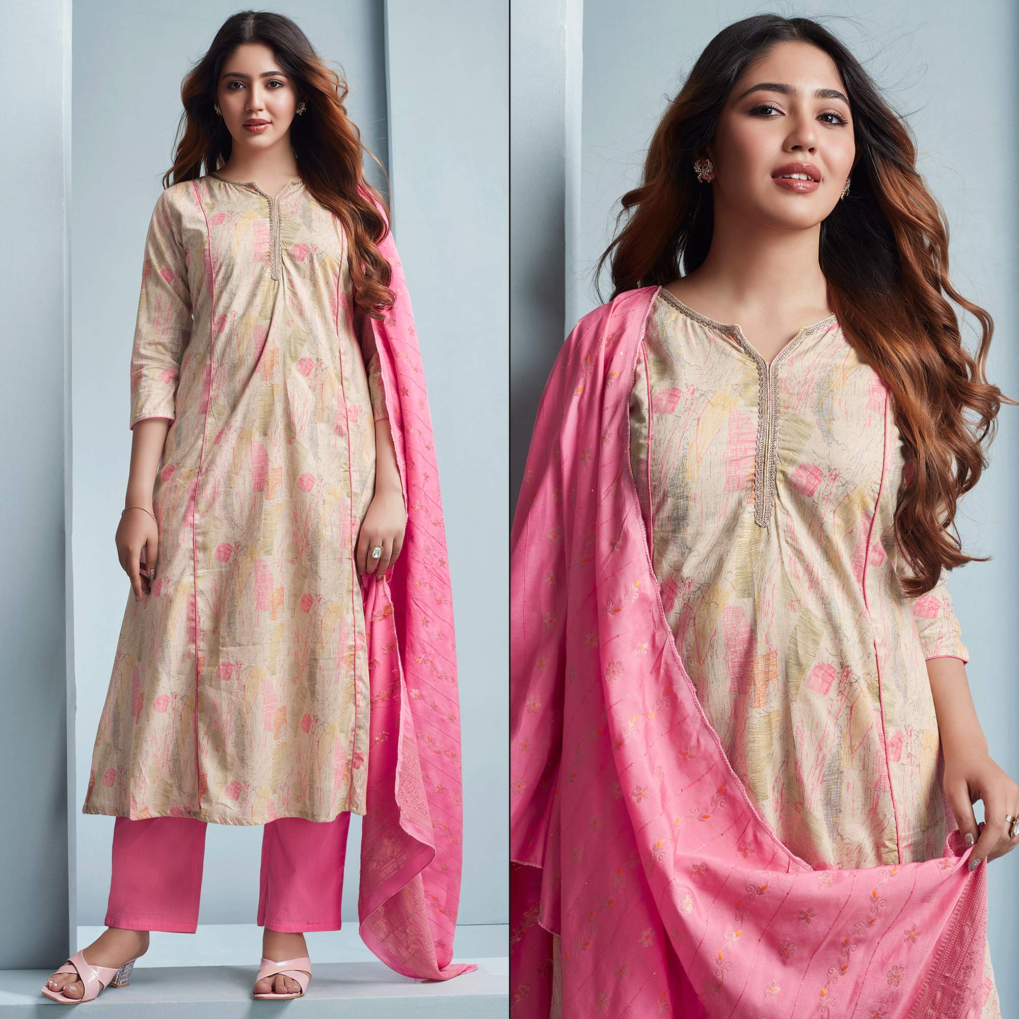Off White Foil Printed Pure Cotton A-line Salwar Suit