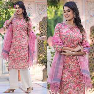 Pink Floral Mul Cotton Suit With Handcrafted & Foil Print