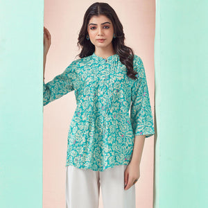Turquoise Floral Chanderi Silk Straight Top