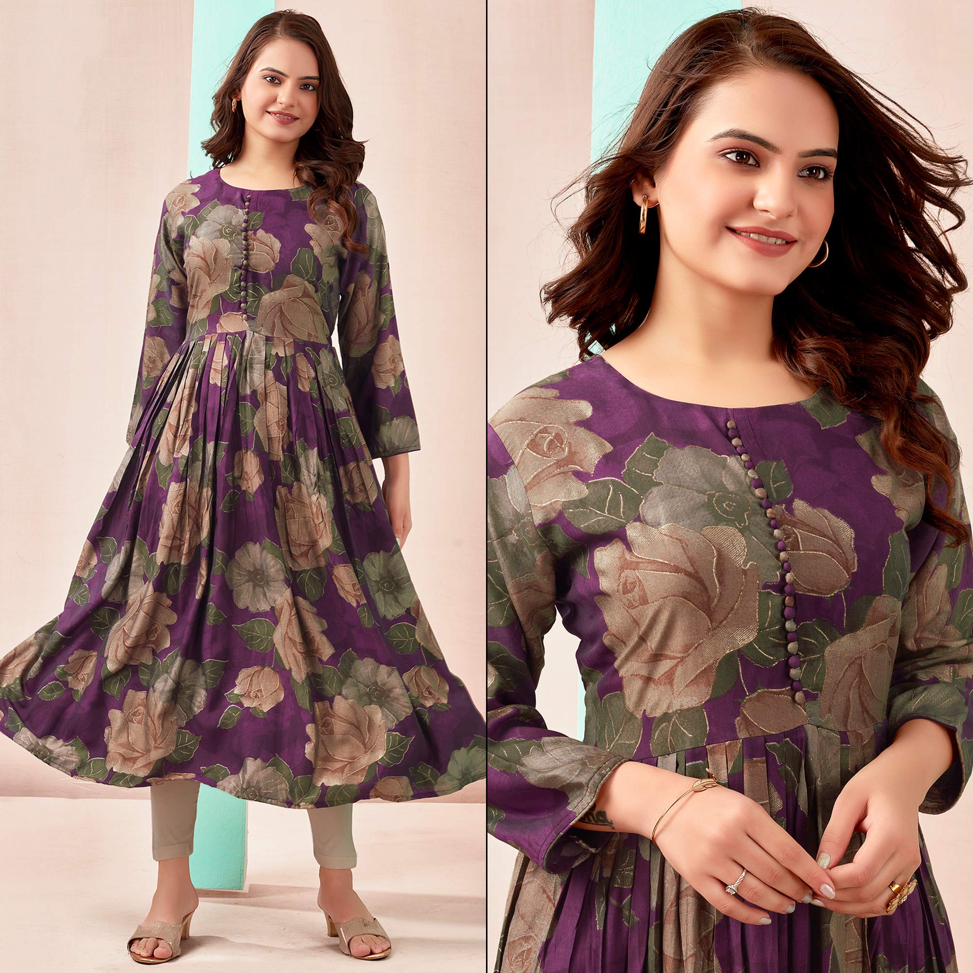 Wine Floral Foil Printed Chanderi Silk Kurti