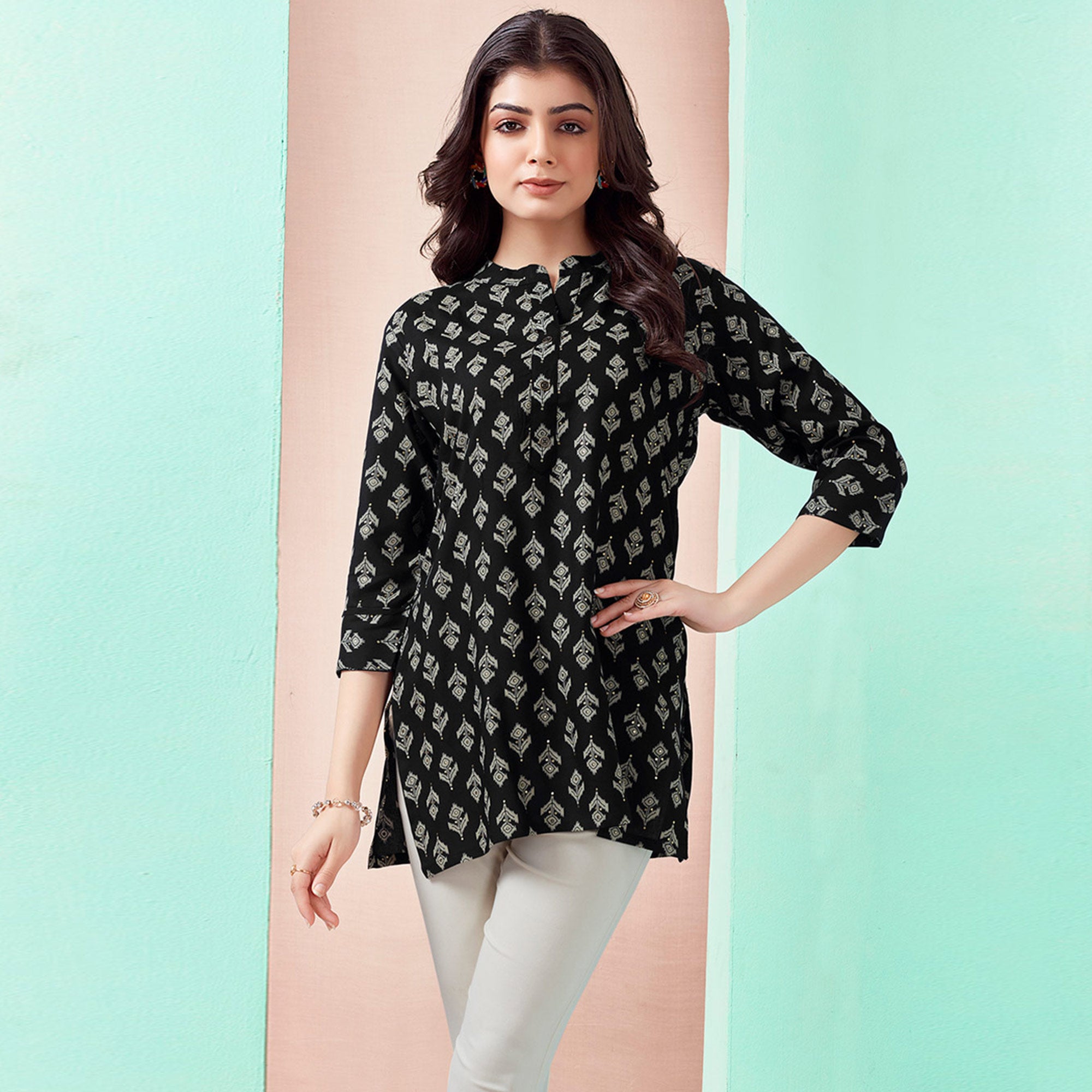 Black Floral Printed Rayon Straight Top