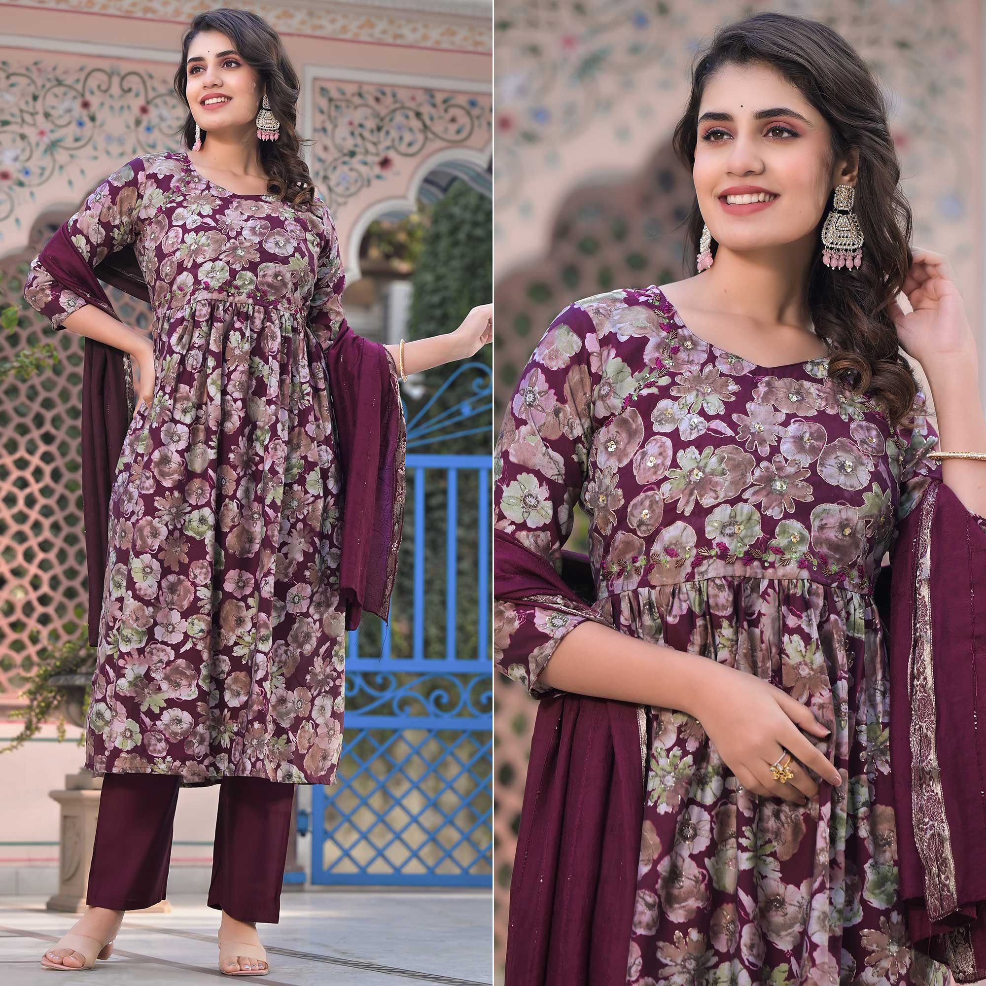 Wine Floral Printed Chanderi Silk Salwar Suit With Handcrafted