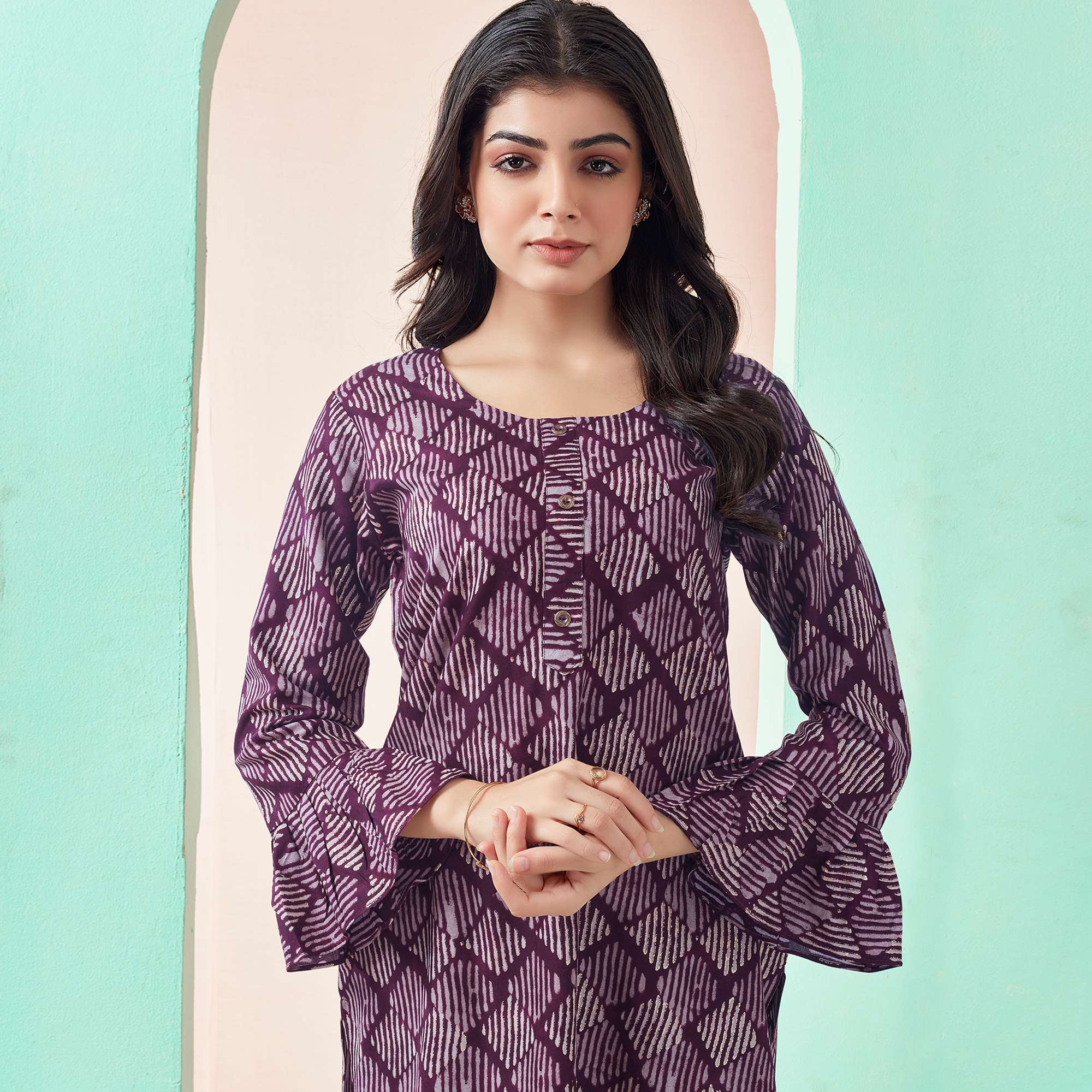 Purple Printed Chanderi Silk Straight Top