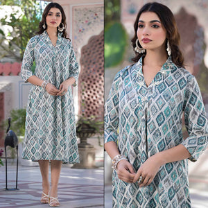 Blue Foil Printed Pure Cotton A-Line Kurti Dress