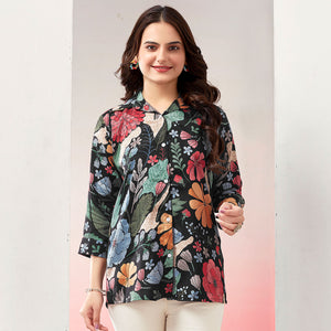 Black Floral Printed Muslin Top