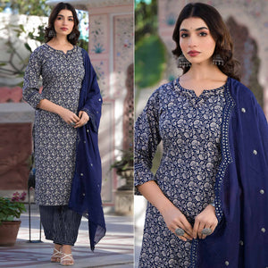 Blue Floral Printed Pure Cotton Salwar Suit
