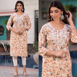 Beige Chikankari Embroidery Rayon Straight Kurti