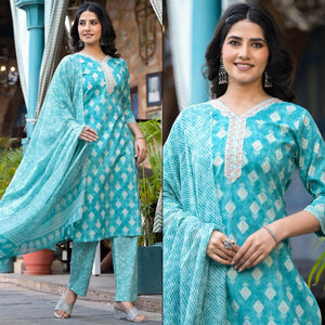 Turquoise Printed Pure Cotton Salwar Suit With Handcrafted