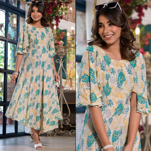 Off White Floral Printed A-Line Chiffon Dress