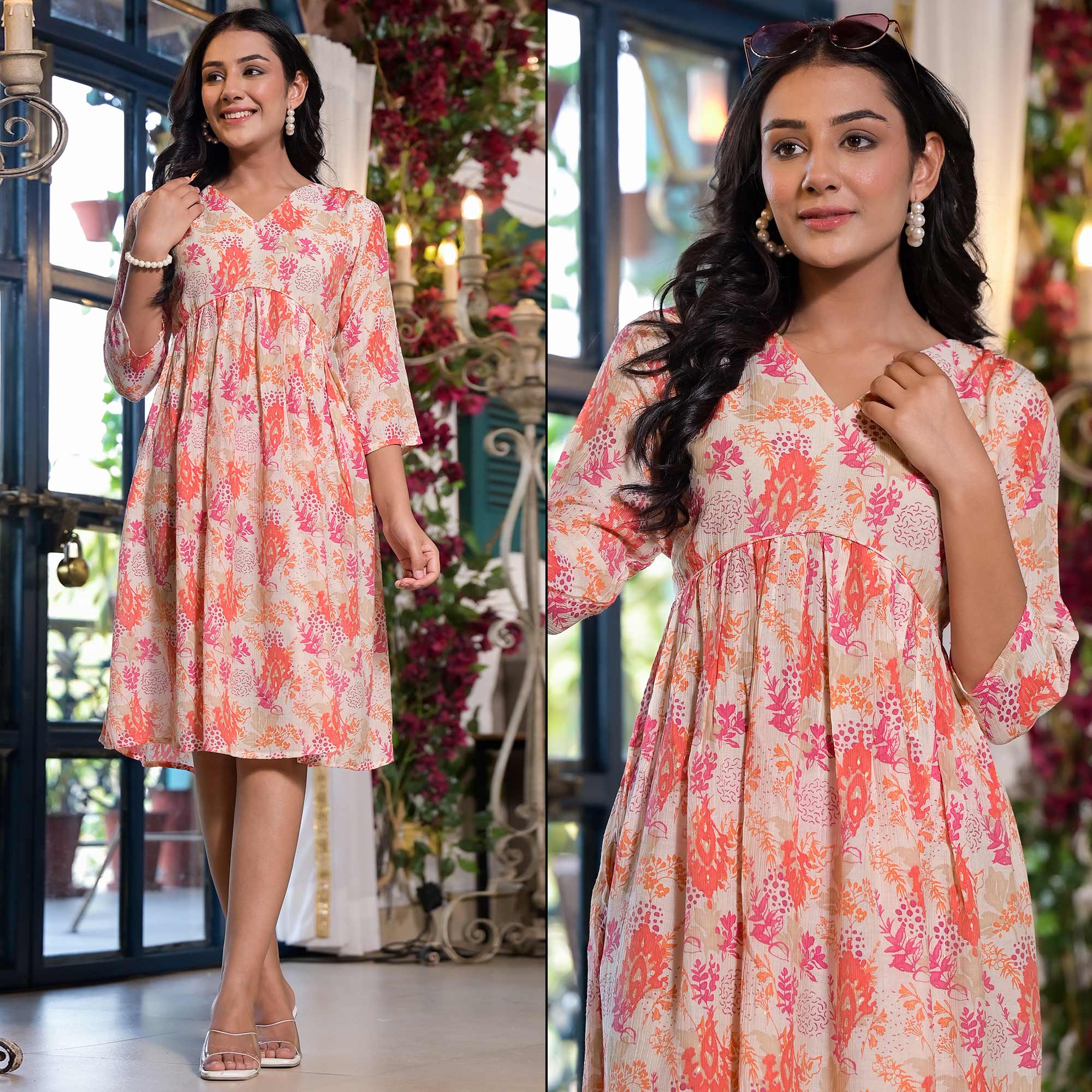 Off White Printed A-Line Chiffon Dress