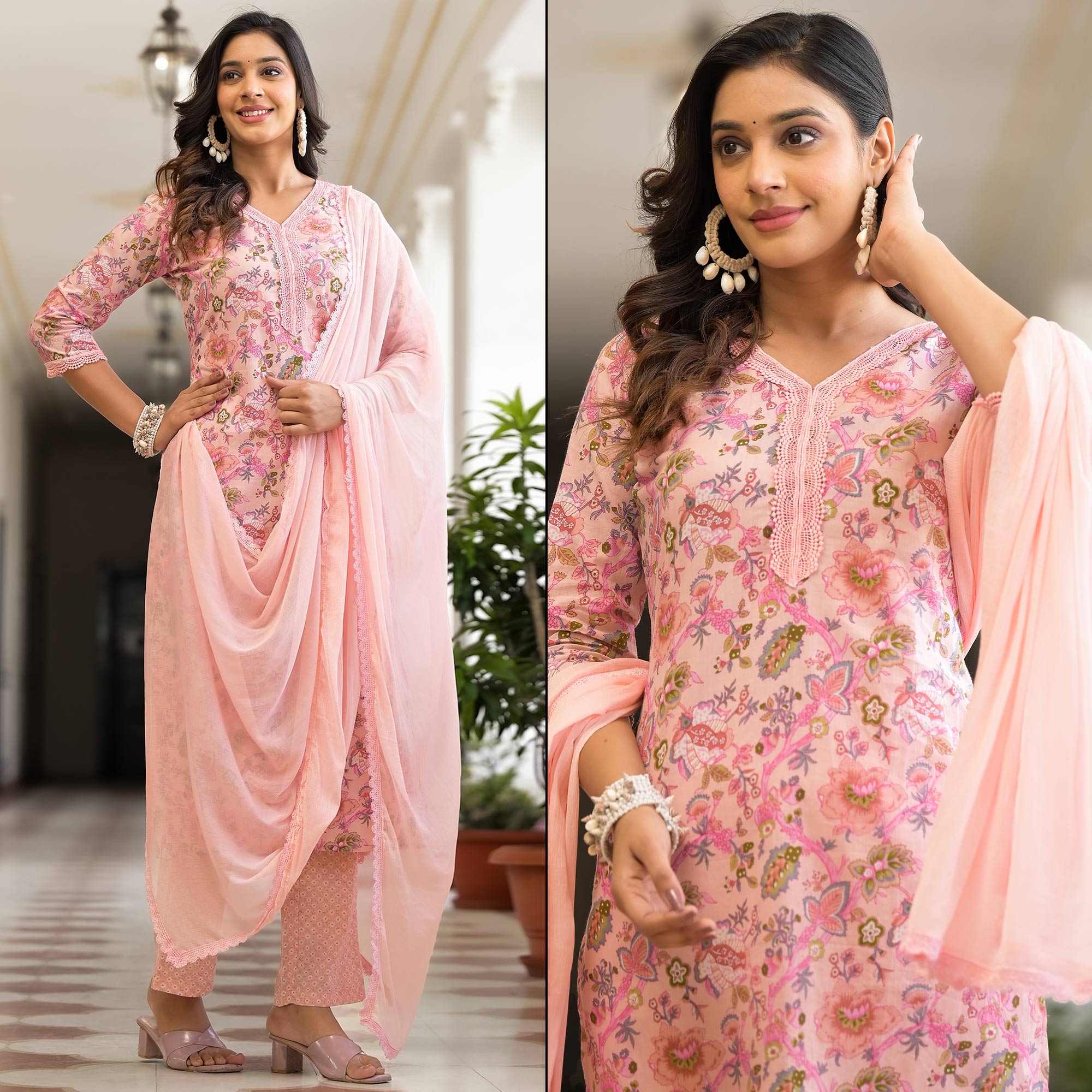 Baby Pink Floral Printed Pure Cotton Straight Salwar Suit