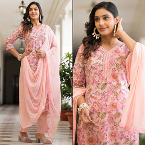 Baby Pink Floral Printed Pure Cotton Straight Salwar Suit