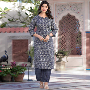 Blue Floral Printed Pure Cotton Kurti